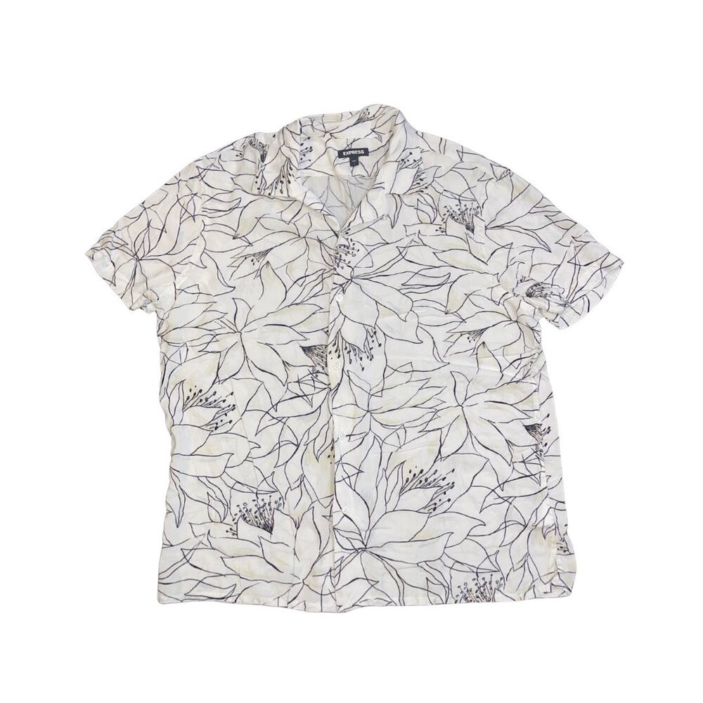 Express Mens Slim Tropical Floral Stretch Dress Shirt Size Large Vacation Cotton